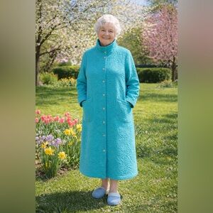 Appleseed’s Aqua Housecoat Robe Snap Front Quilted Floral Pattern Sz Petite XL